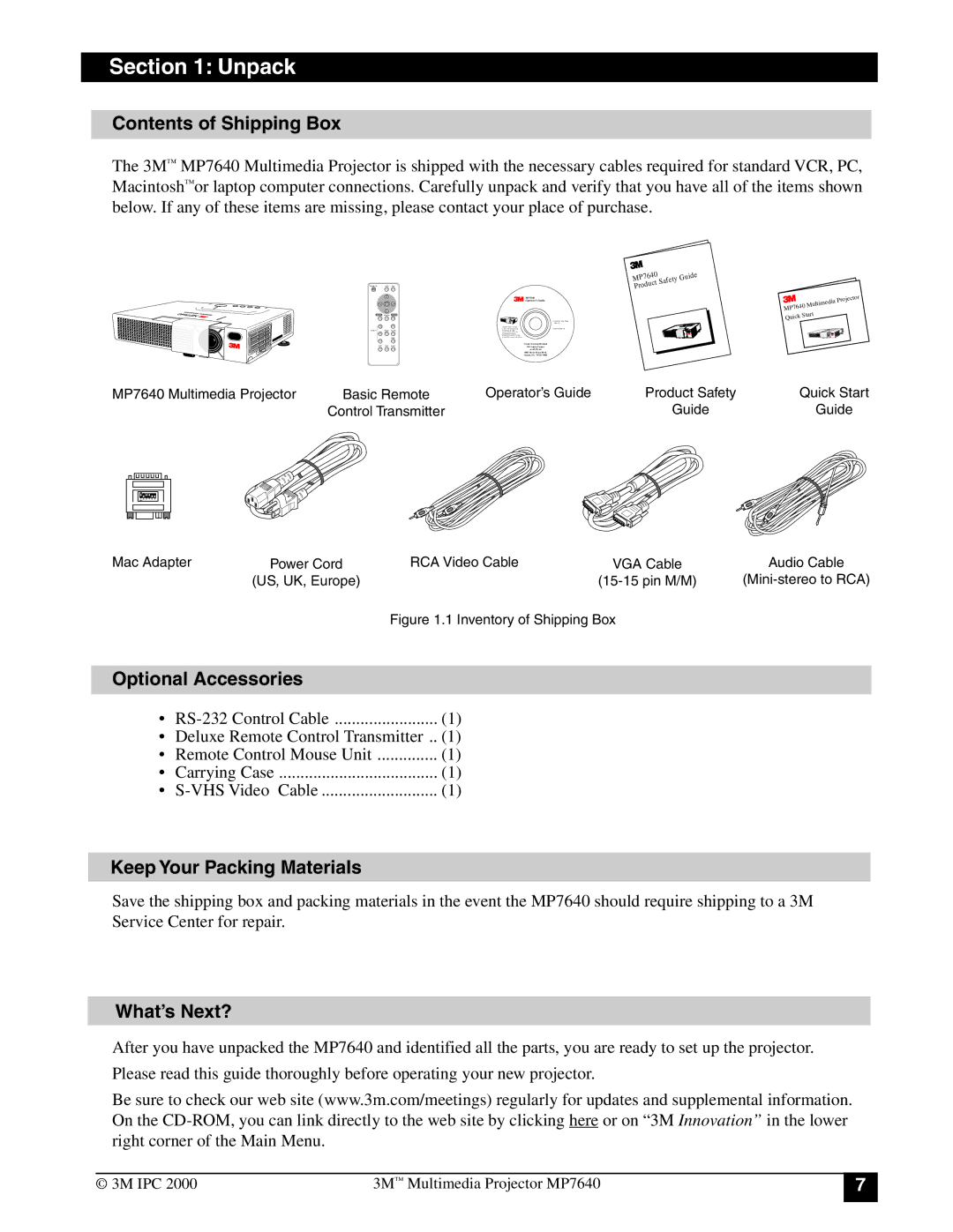 3M MP7640 manual Unpack, Contents of Shipping Box, Optional Accessories, Keep Your Packing Materials, What’s Next? 