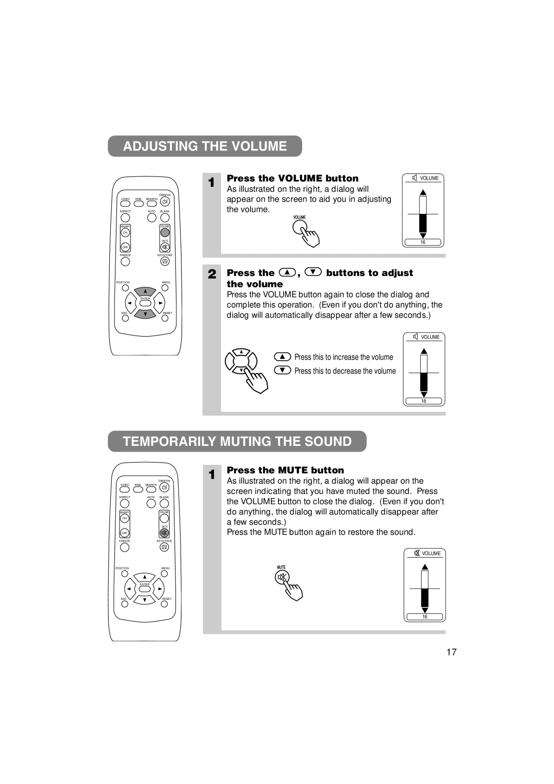 3M MP7640i/MP7740i Adjusting the Volume, Temporarily Muting the Sound, Press the Volume button, Press the Mute button 