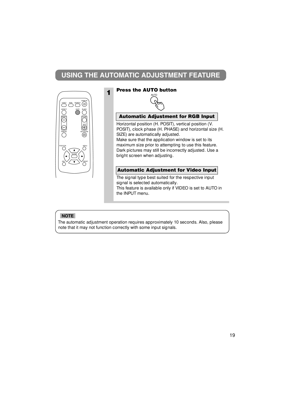 3M MP7640i/MP7740i manual Using the Automatic Adjustment Feature, Press the Auto button, Automatic Adjustment for RGB Input 