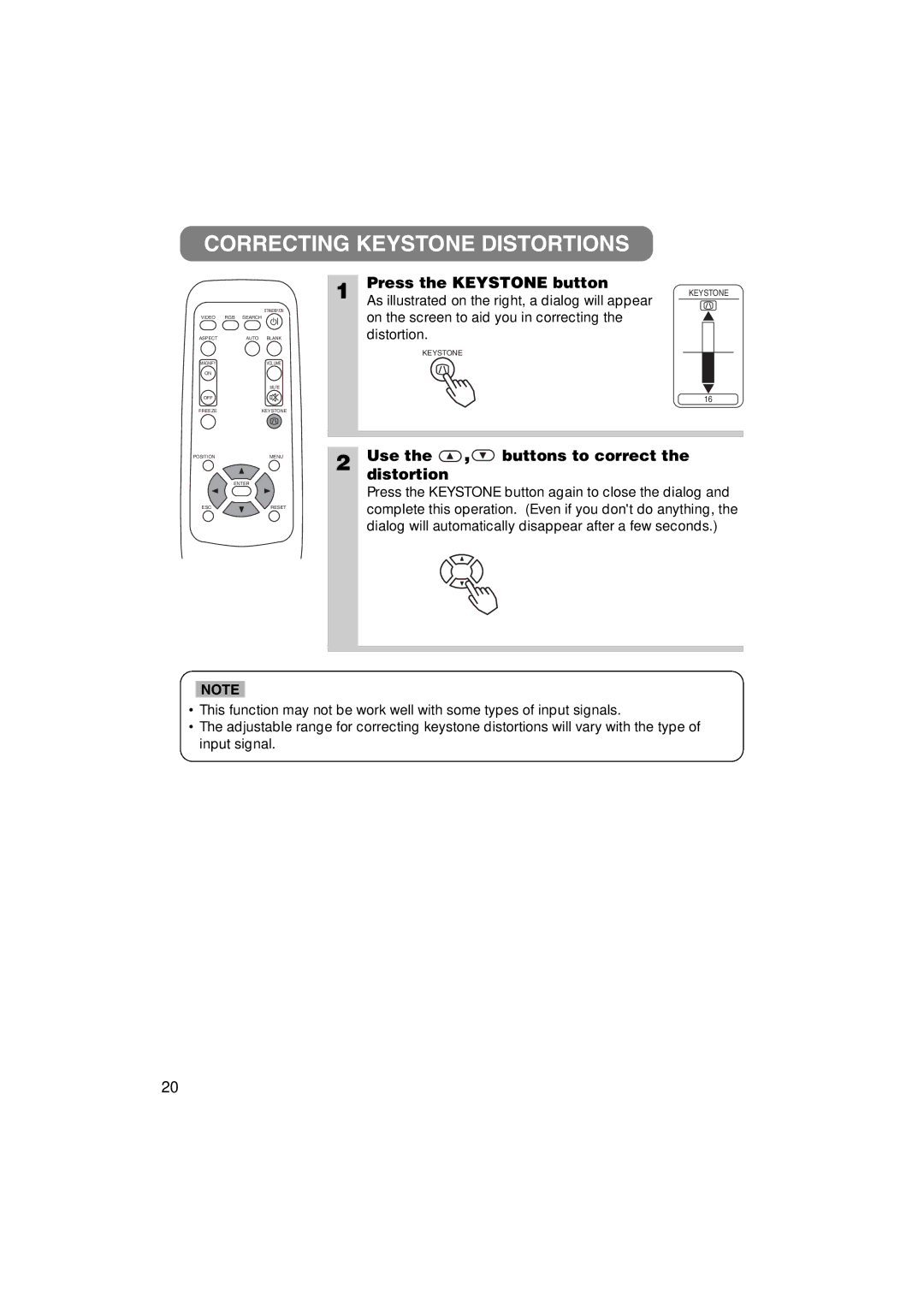 3M MP7640i/MP7740i manual Correcting Keystone Distortions, Press the Keystone button, Use the , buttons to correct 