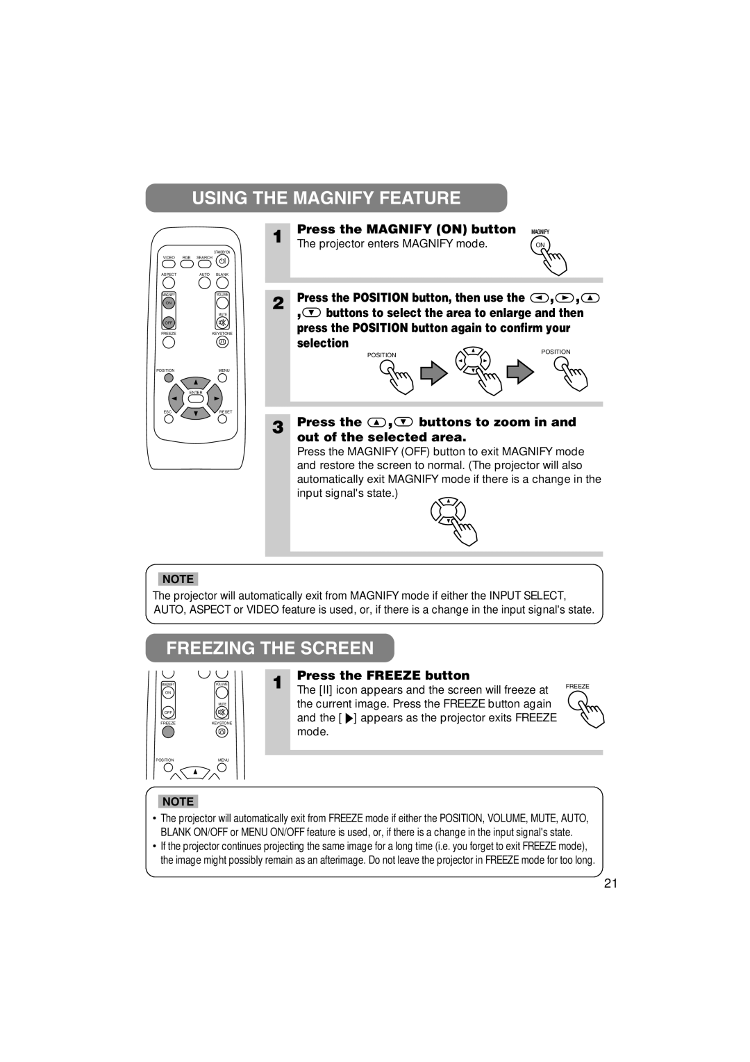 3M MP7640i/MP7740i manual Using the Magnify Feature, Freezing the Screen 