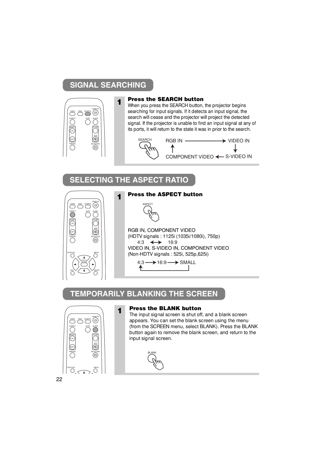 3M MP7640i/MP7740i manual Signal Searching, Selecting the Aspect Ratio, Temporarily Blanking the Screen 