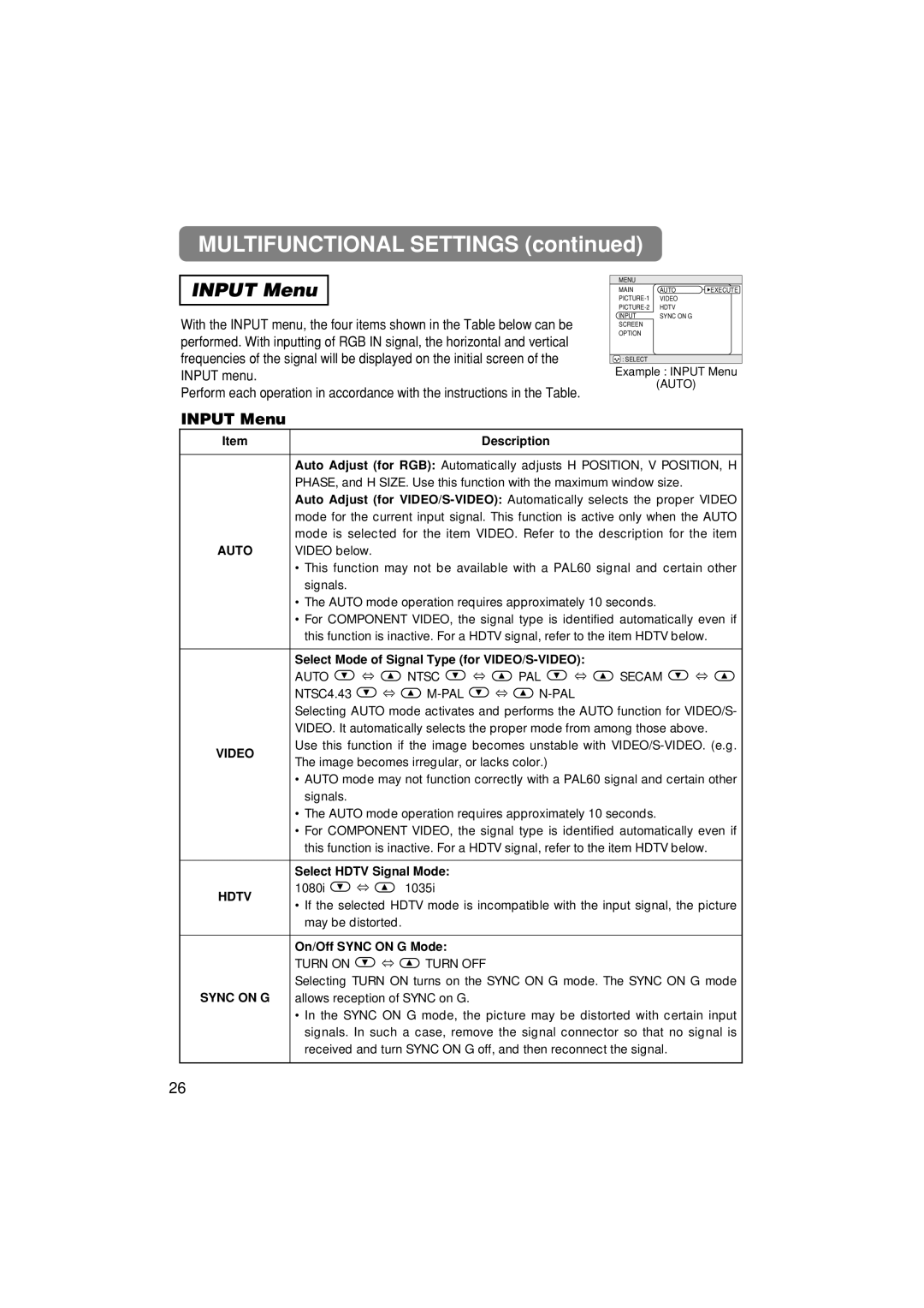 3M MP7640i/MP7740i manual Input Menu, Auto, Video, Hdtv 