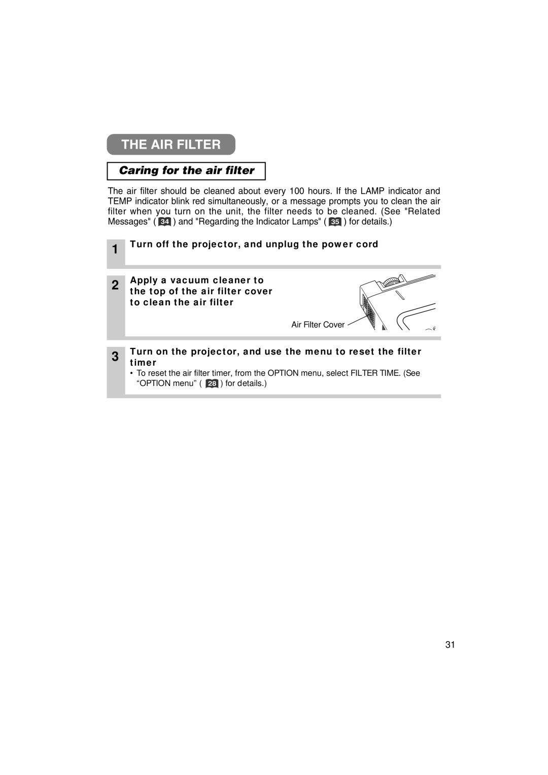 3M MP7640i/MP7740i manual AIR Filter, Caring for the air filter 