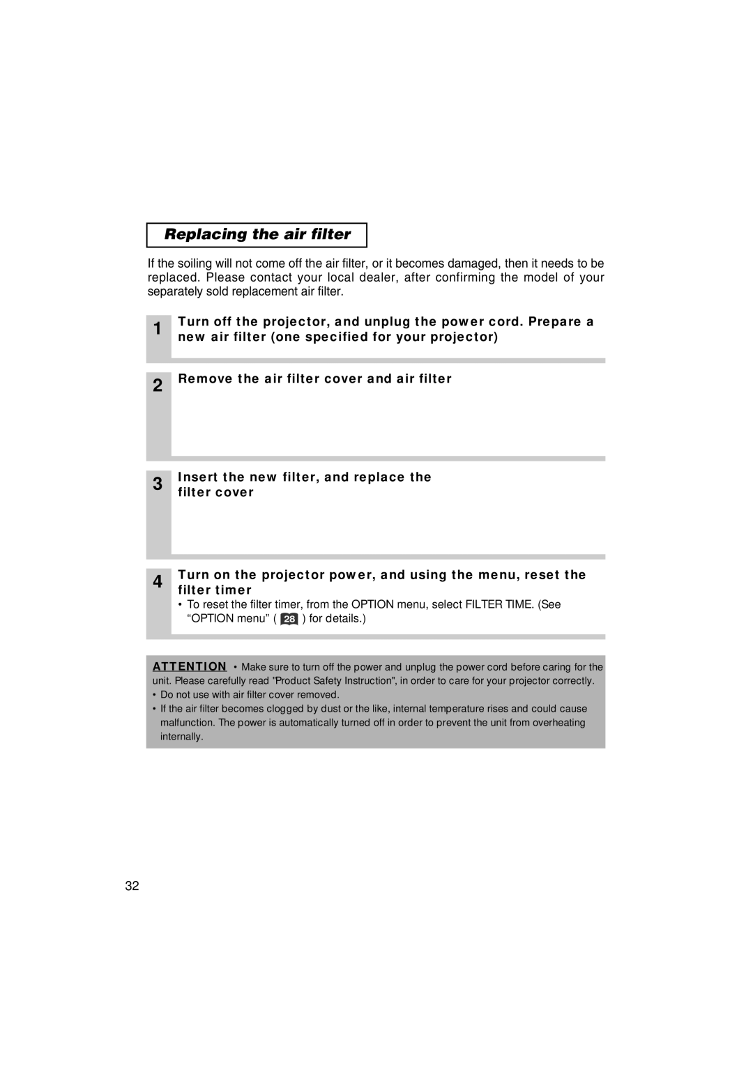 3M MP7640i/MP7740i manual Replacing the air filter 