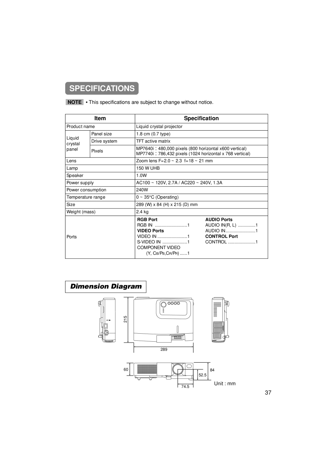 3M MP7640i/MP7740i manual Specifications, Dimension Diagram, Unit mm 