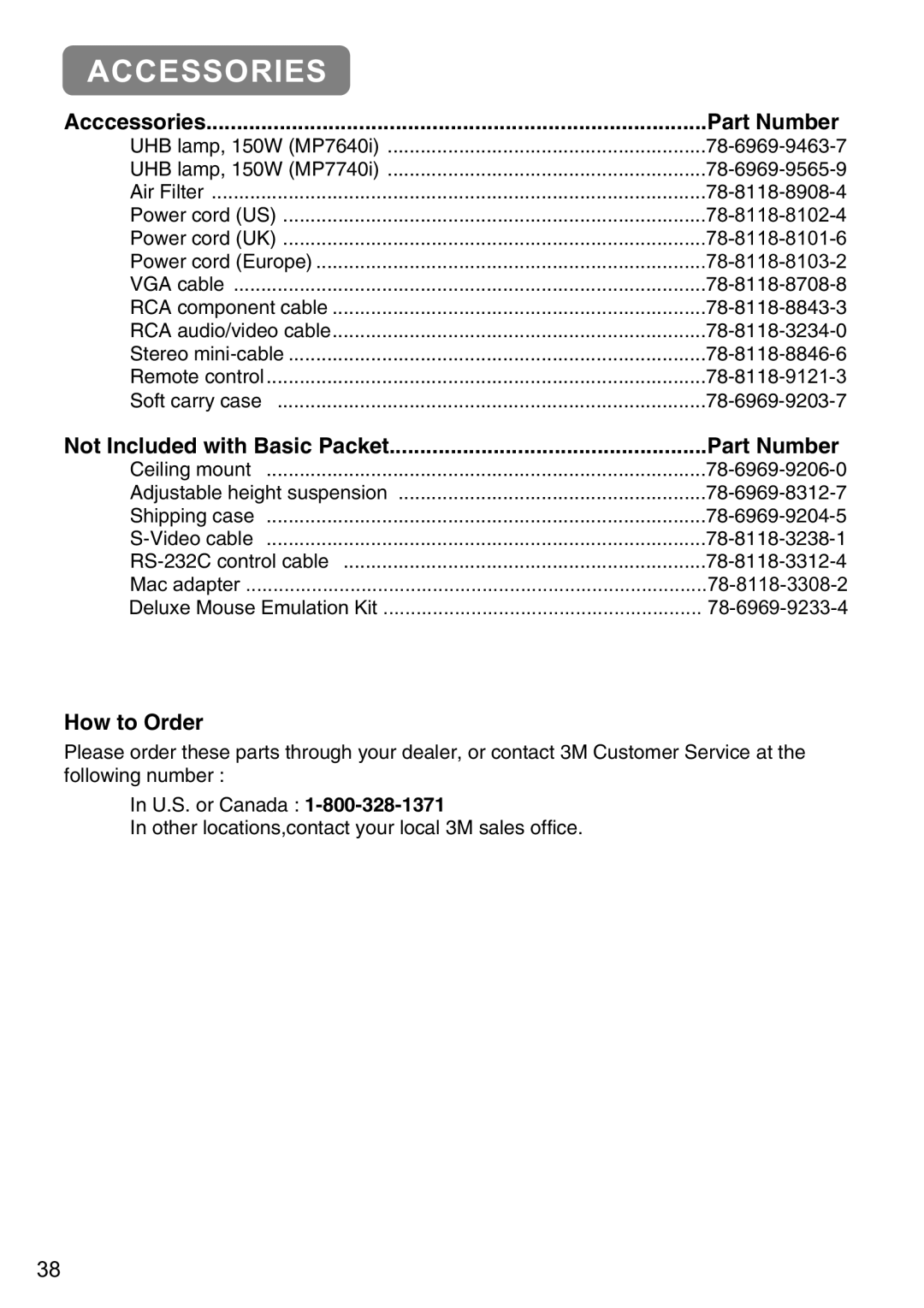 3M MP7640i/MP7740i manual Part Number, Not Included with Basic Packet, How to Order, Acccessories 