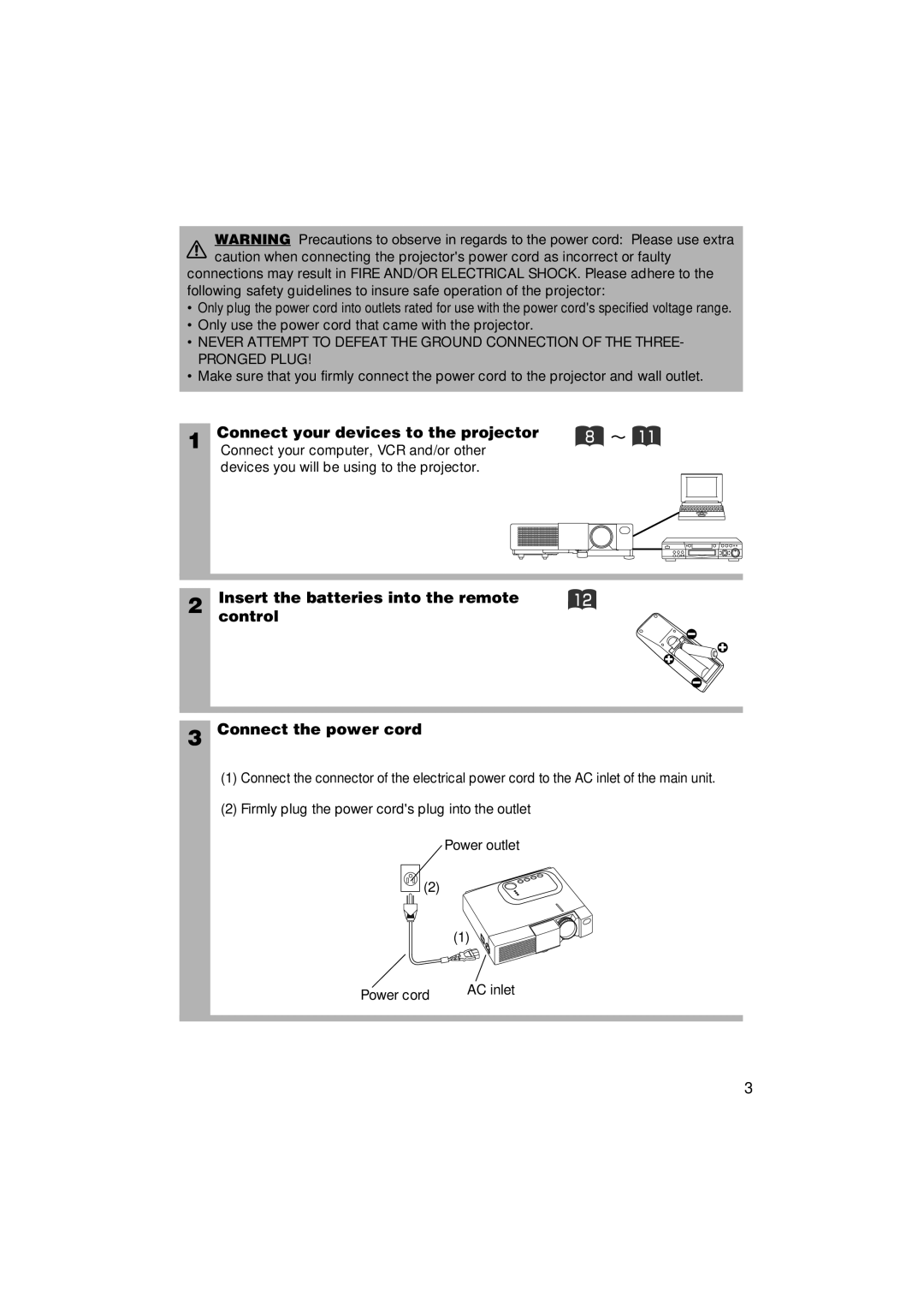 3M MP7640i/MP7740i manual Only use the power cord that came with the projector, Devices you will be using to the projector 