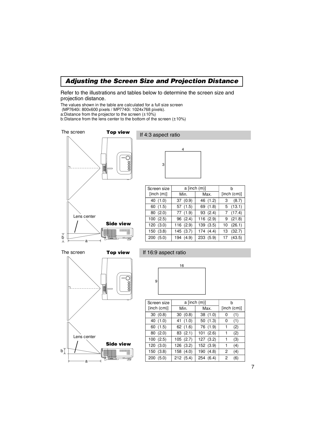 3M MP7640i/MP7740i manual Adjusting the Screen Size and Projection Distance, Top view, Side view 