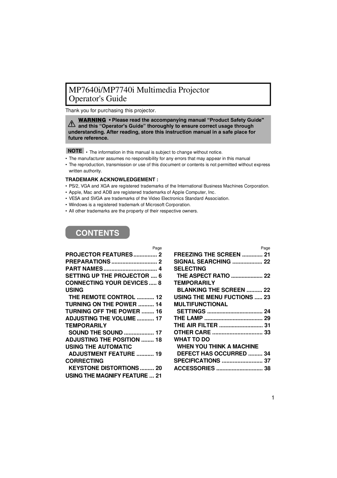 3M manual Contents, MP7640i/MP7740i Multimedia Projector Operators Guide 