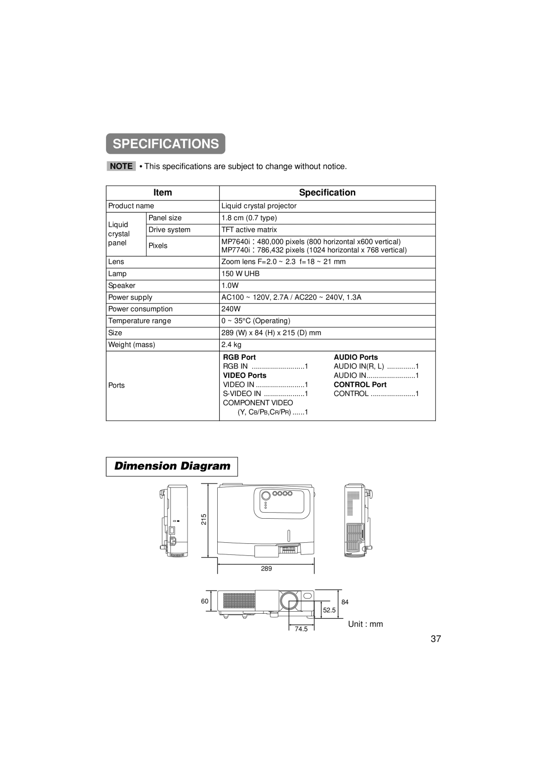 3M MP7640i/MP7740i manual Specifications, Dimension Diagram 