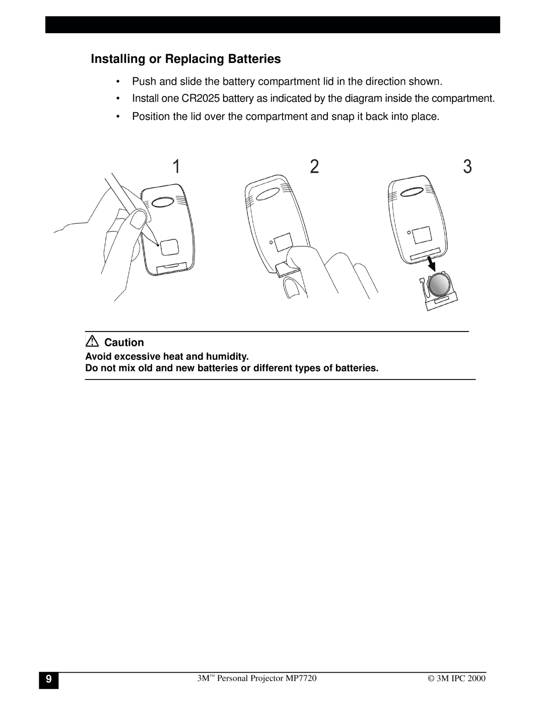 3M MP7720 manual Installing or Replacing Batteries 