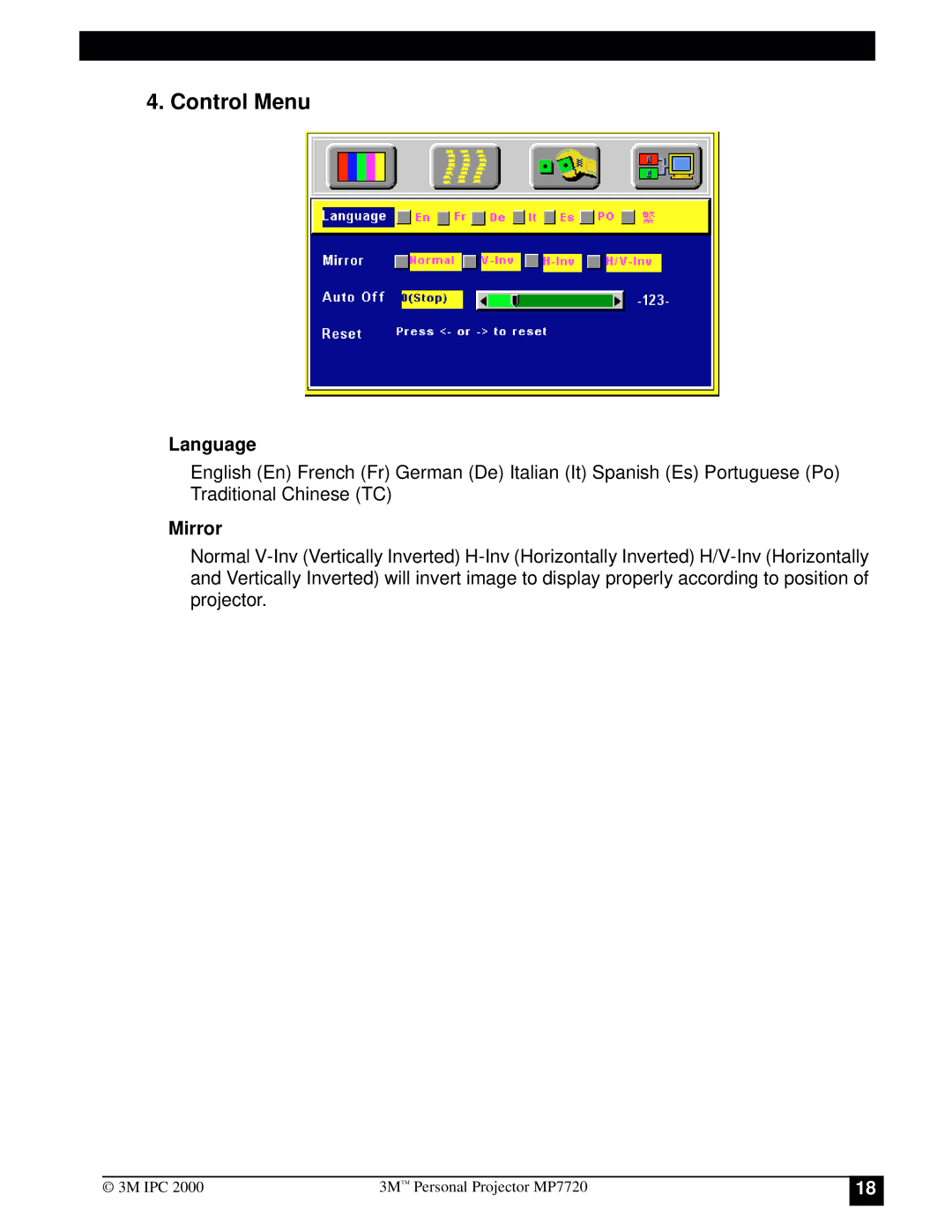 3M MP7720 manual Control Menu, Language, Mirror 