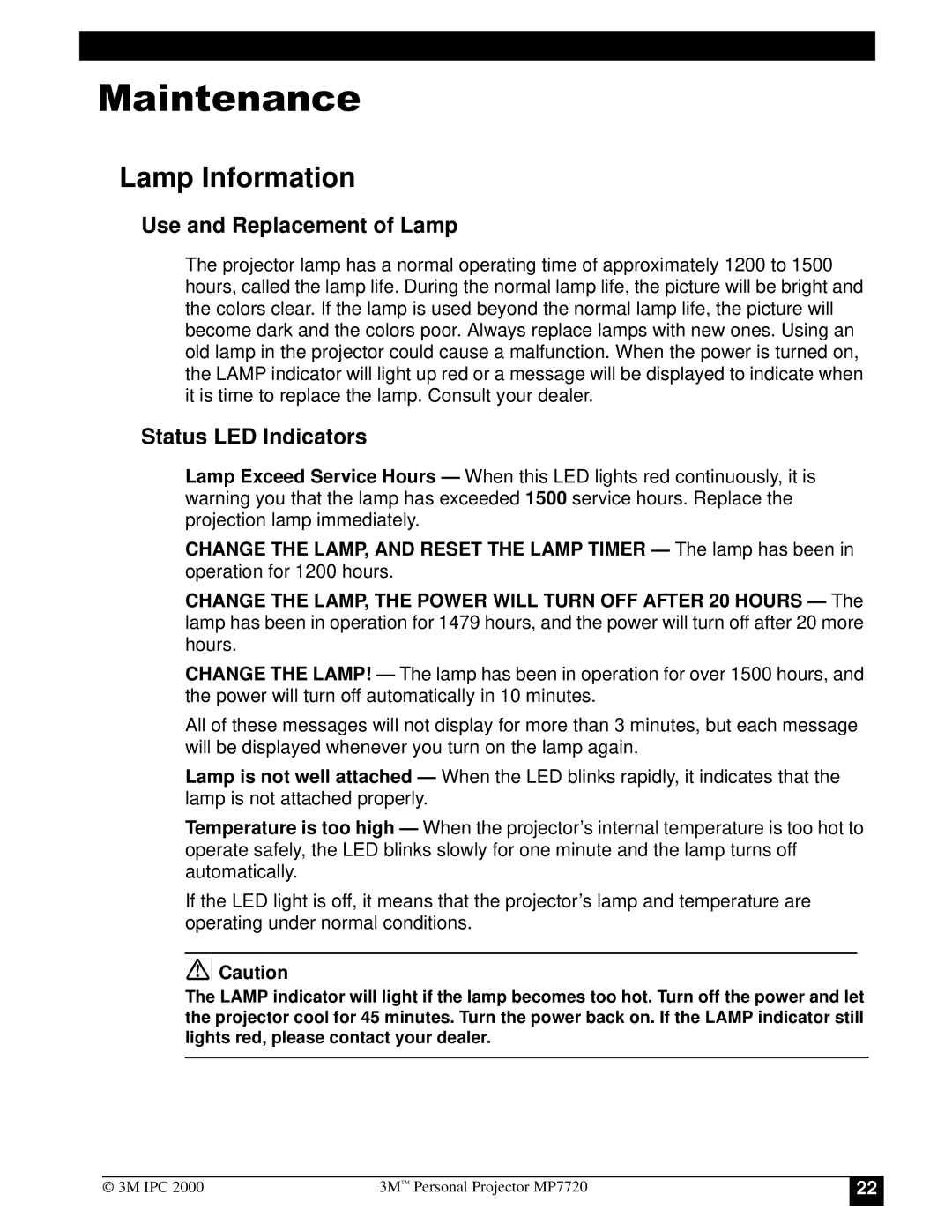 3M MP7720 manual 0DLQWHQDQFH, Lamp Information, Use and Replacement of Lamp, Status LED Indicators 