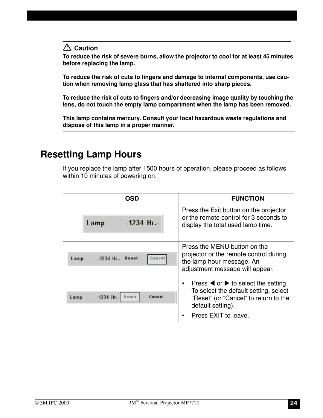 3M MP7720 manual Resetting Lamp Hours, Osd 