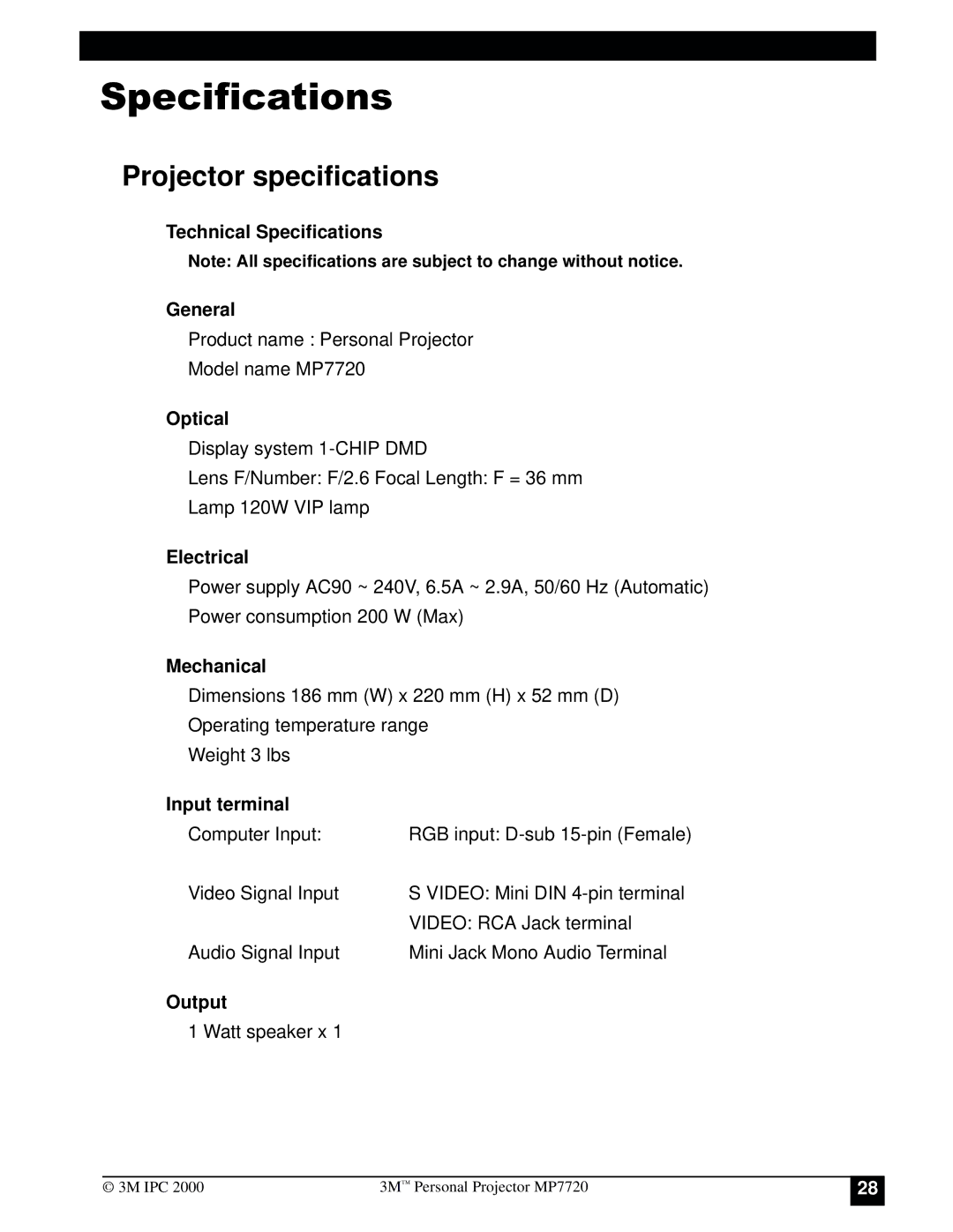 3M MP7720 manual 6SHFLILFDWLRQV, Projector specifications 