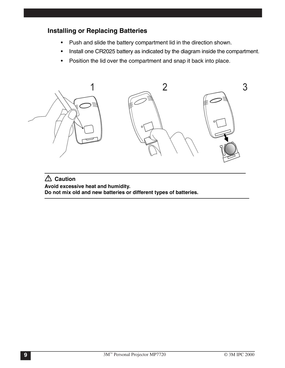 3M MP7720 manual Installing or Replacing Batteries 