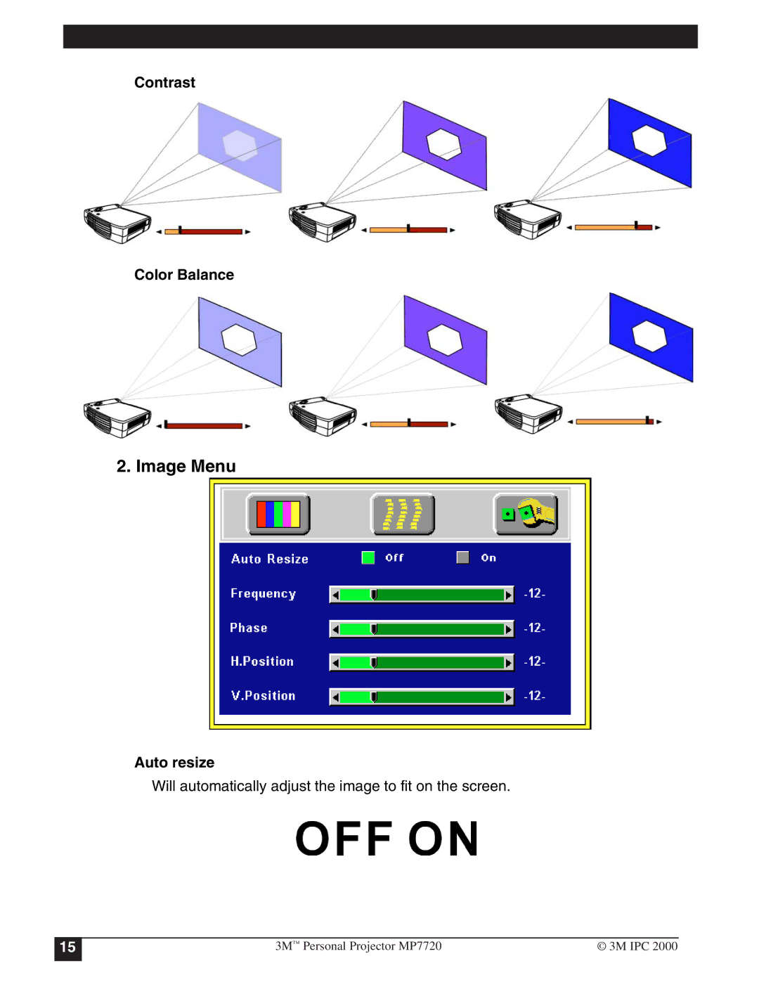 3M MP7720 manual Image Menu, Contrast Color Balance, Auto resize 