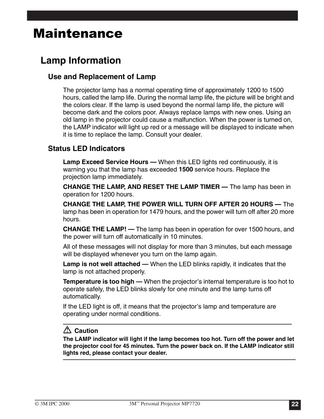 3M MP7720 manual 0DLQWHQDQFH, Lamp Information, Use and Replacement of Lamp, Status LED Indicators 