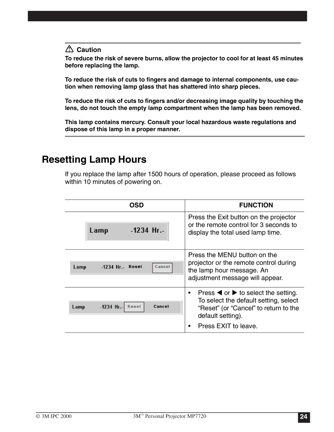 3M MP7720 manual Resetting Lamp Hours, Osd 