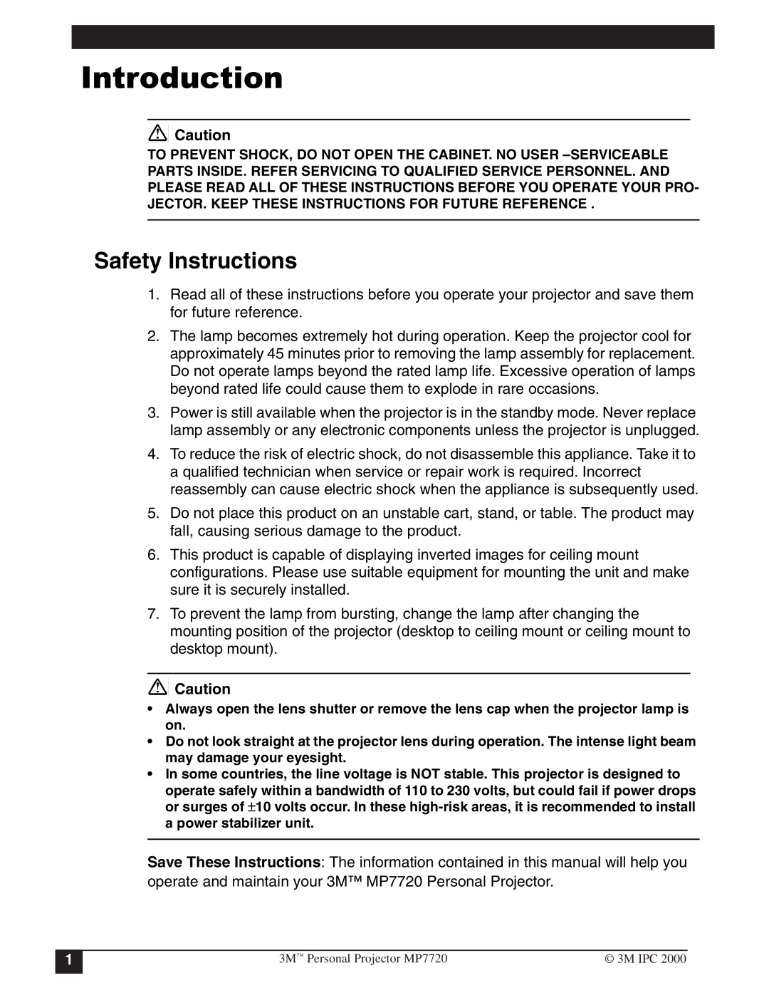 3M MP7720 manual Qwurgxfwlrq, Safety Instructions 