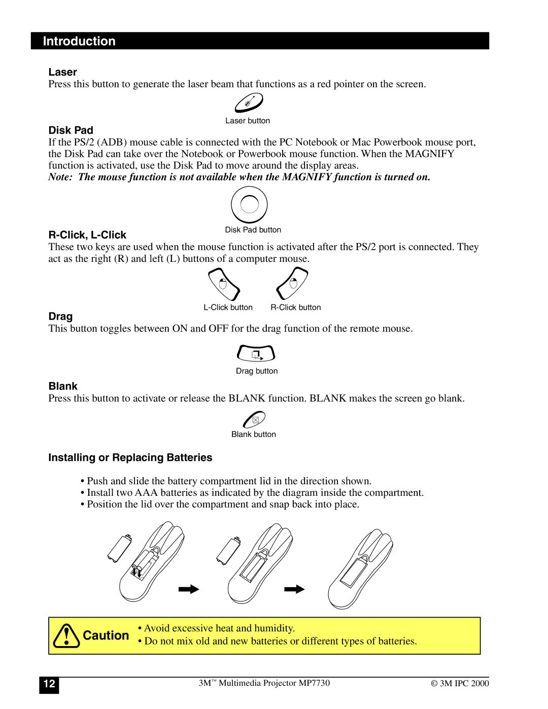 3M MP7730 manual Laser, Disk Pad, Click, L-Click, Drag, Blank, Installing or Replacing Batteries 