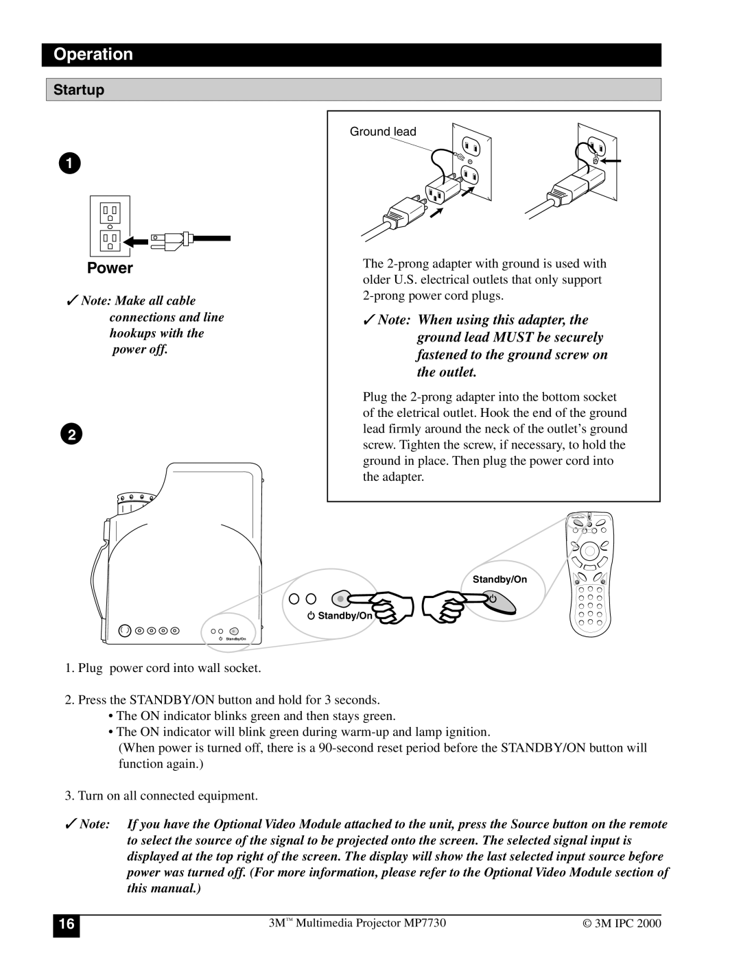 3M MP7730 manual Operation, Startup 