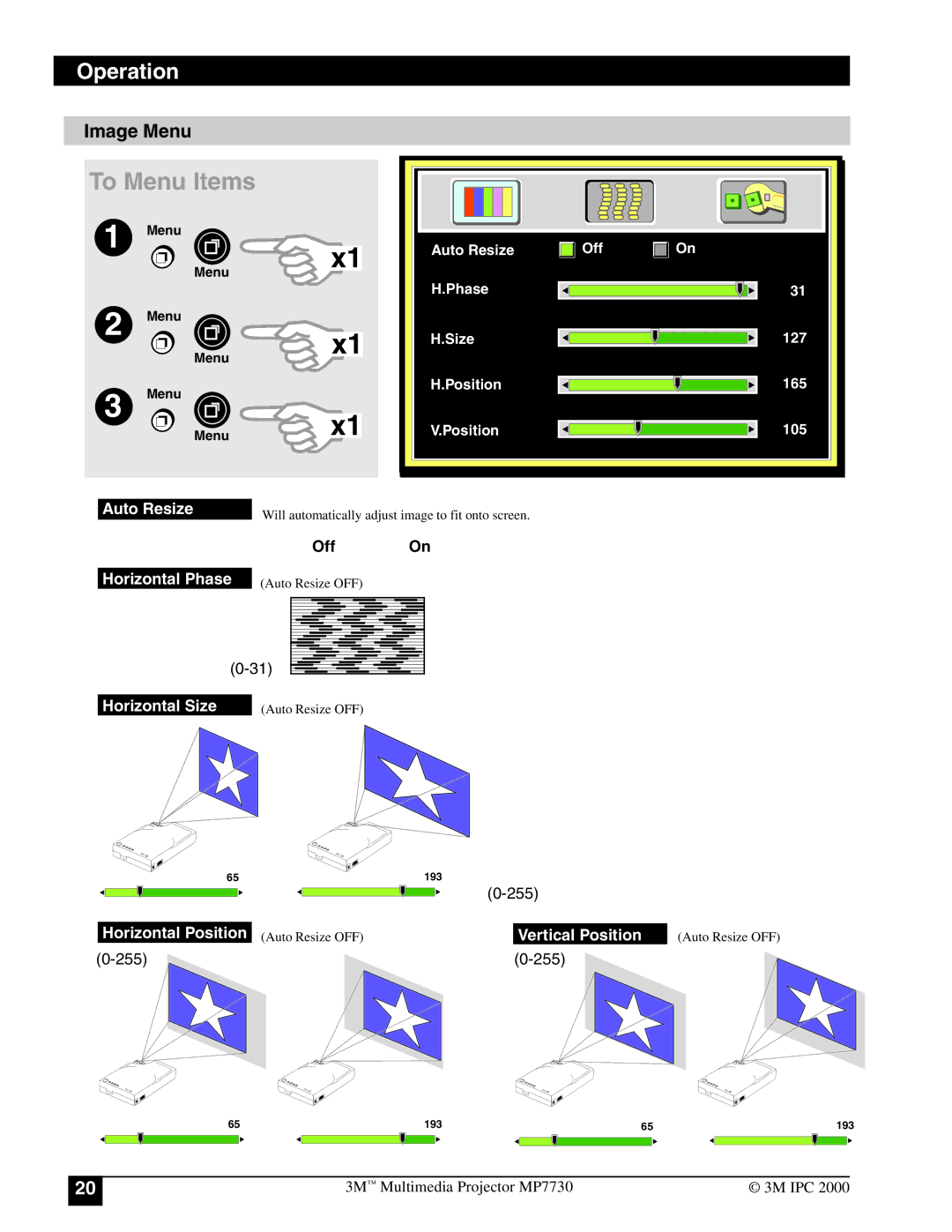 3M MP7730 manual To Menu Items, Image Menu 