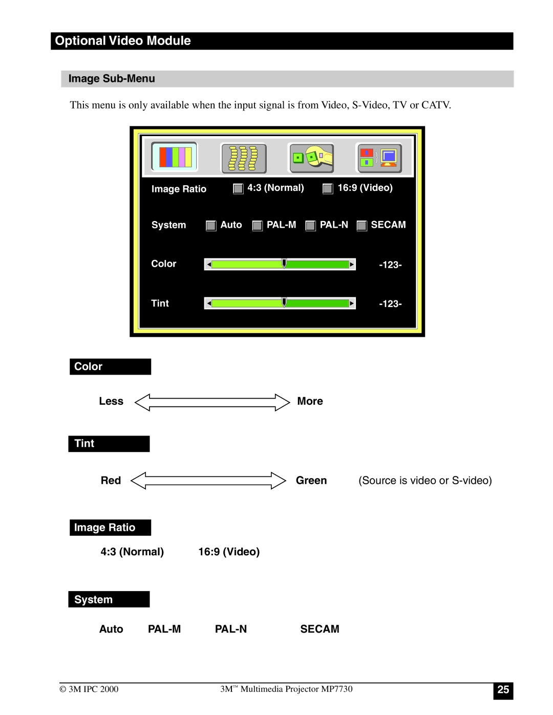 3M MP7730 manual Image Sub-Menu, Less More, Red Green Source is video or S-video, Normal Video, Auto 