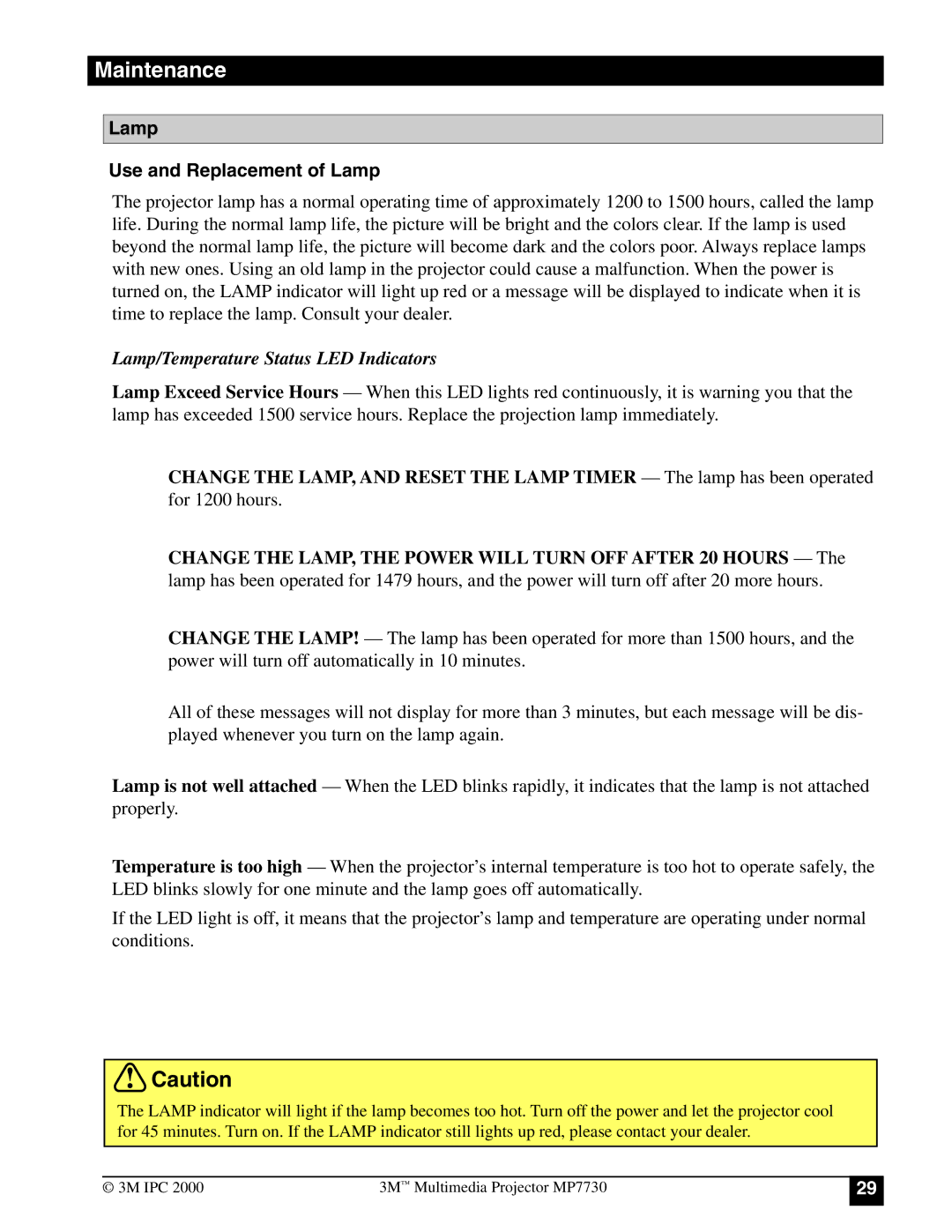 3M MP7730 manual Maintenance, Lamp Use and Replacement of Lamp 