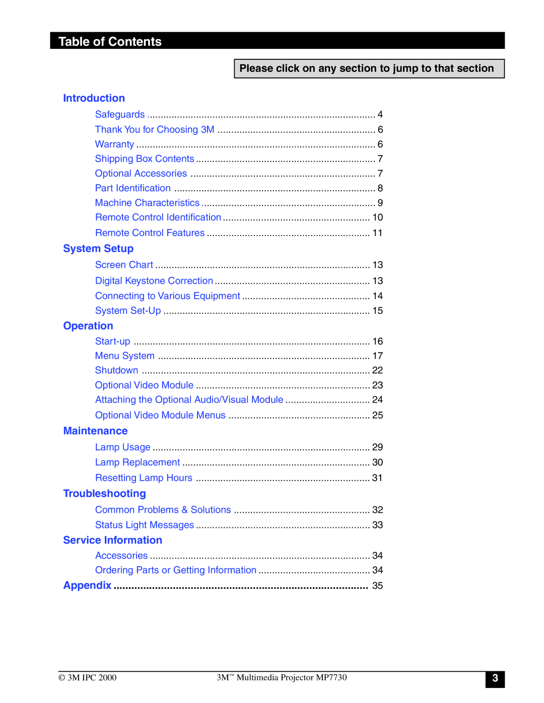 3M MP7730 manual Table of Contents 