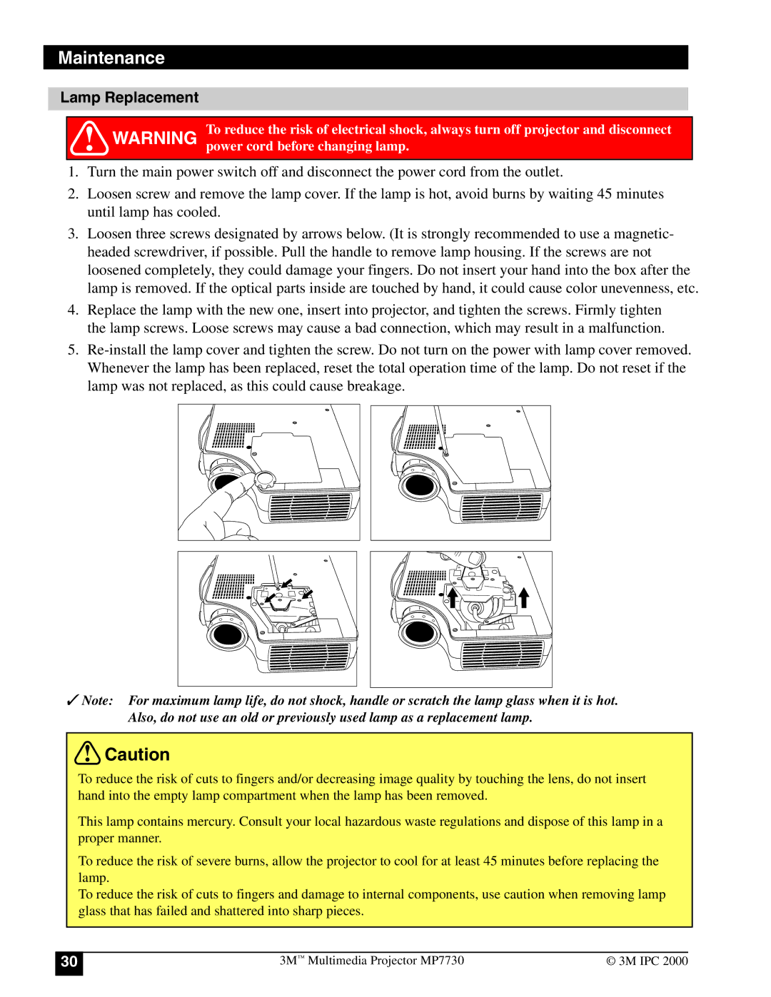 3M MP7730 manual Lamp Replacement 