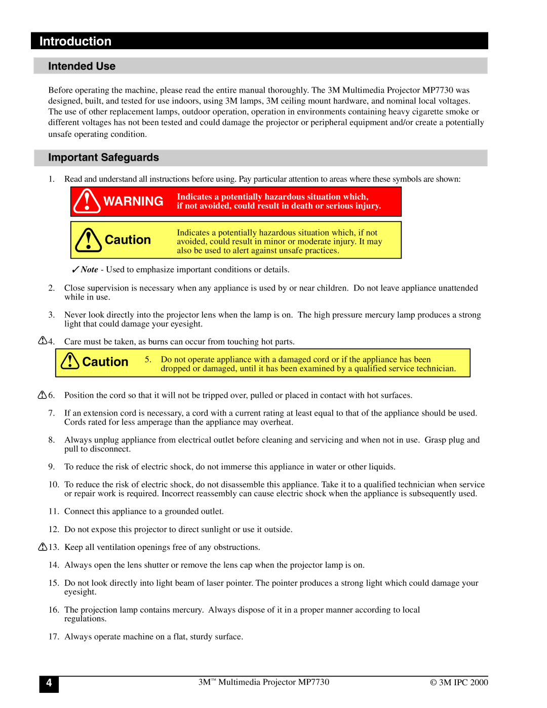 3M MP7730 manual Introduction, Intended Use, Important Safeguards 