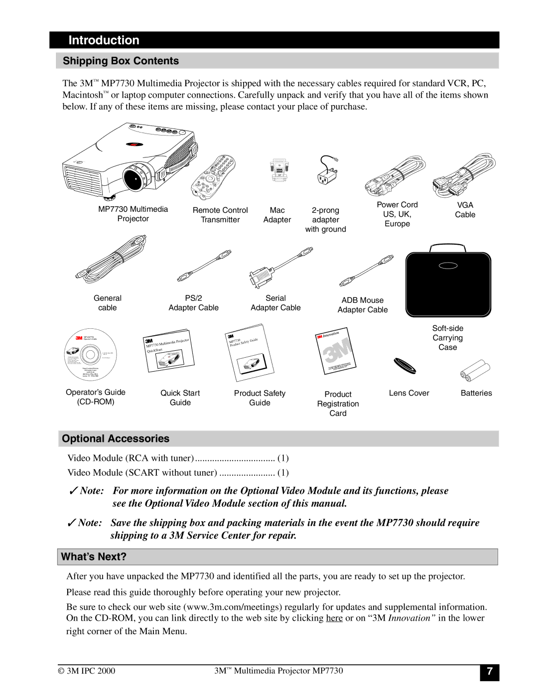 3M MP7730 manual Shipping Box Contents, Optional Accessories, What’s Next? 