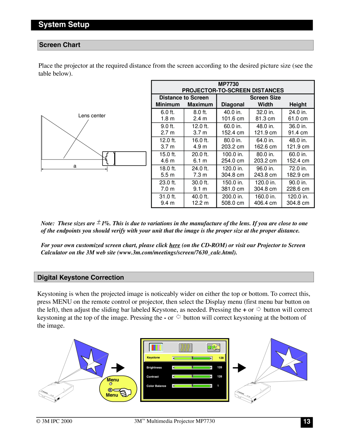 3M MP7730 manual System Setup, Screen Chart, Digital Keystone Correction 