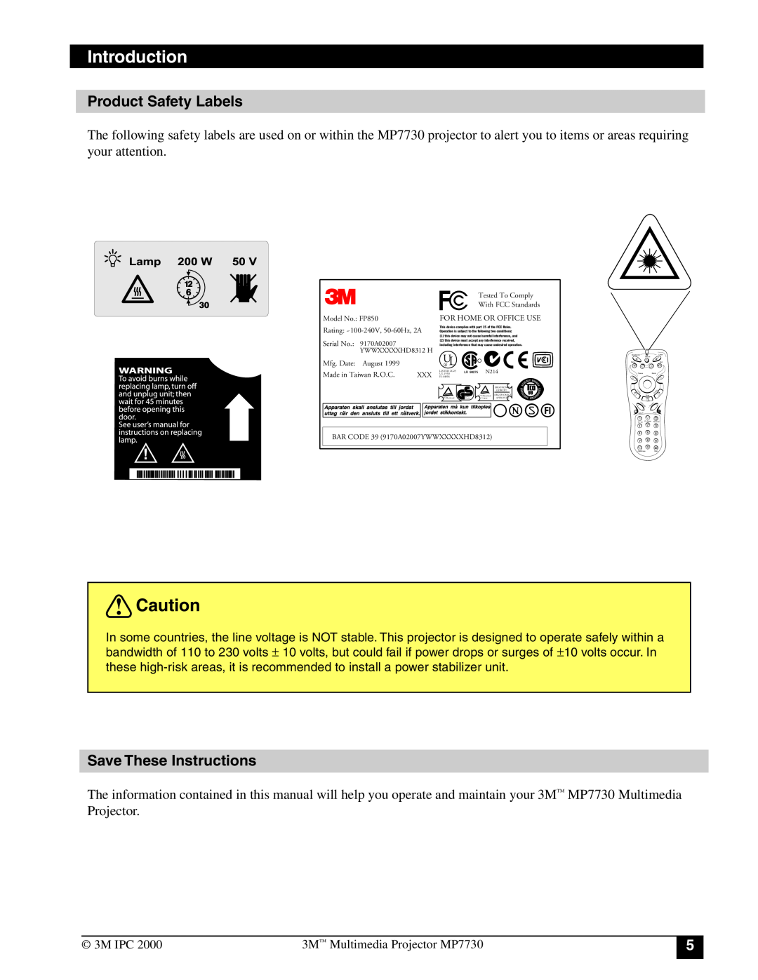 3M MP7730 manual Product Safety Labels, Save These Instructions, Introduction, YWWXXXXXHD8312 H, Mfg. Date August 