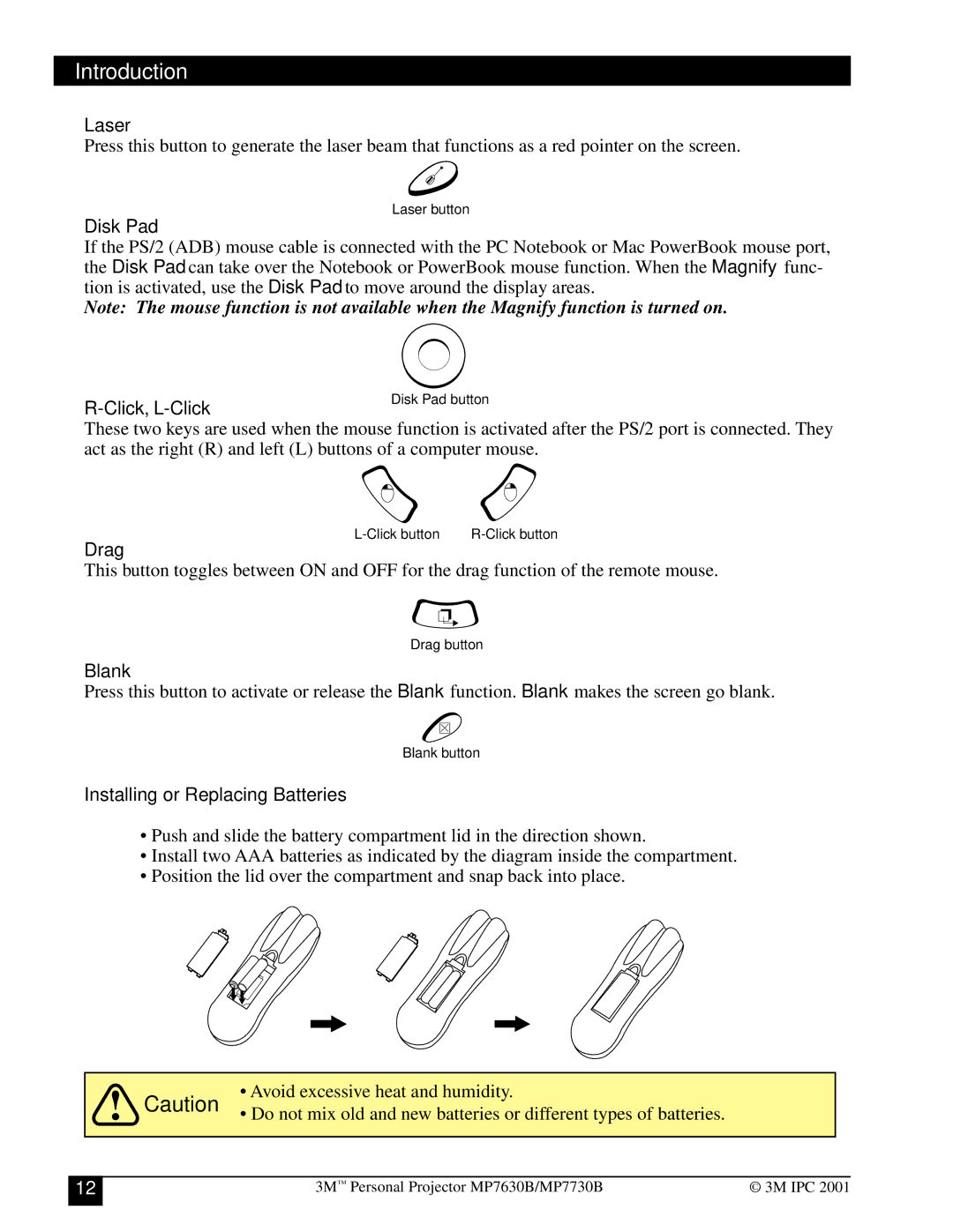 3M MP7730B, MP7630B manual Laser, Disk Pad, Click, L-Click, Drag, Blank, Installing or Replacing Batteries 