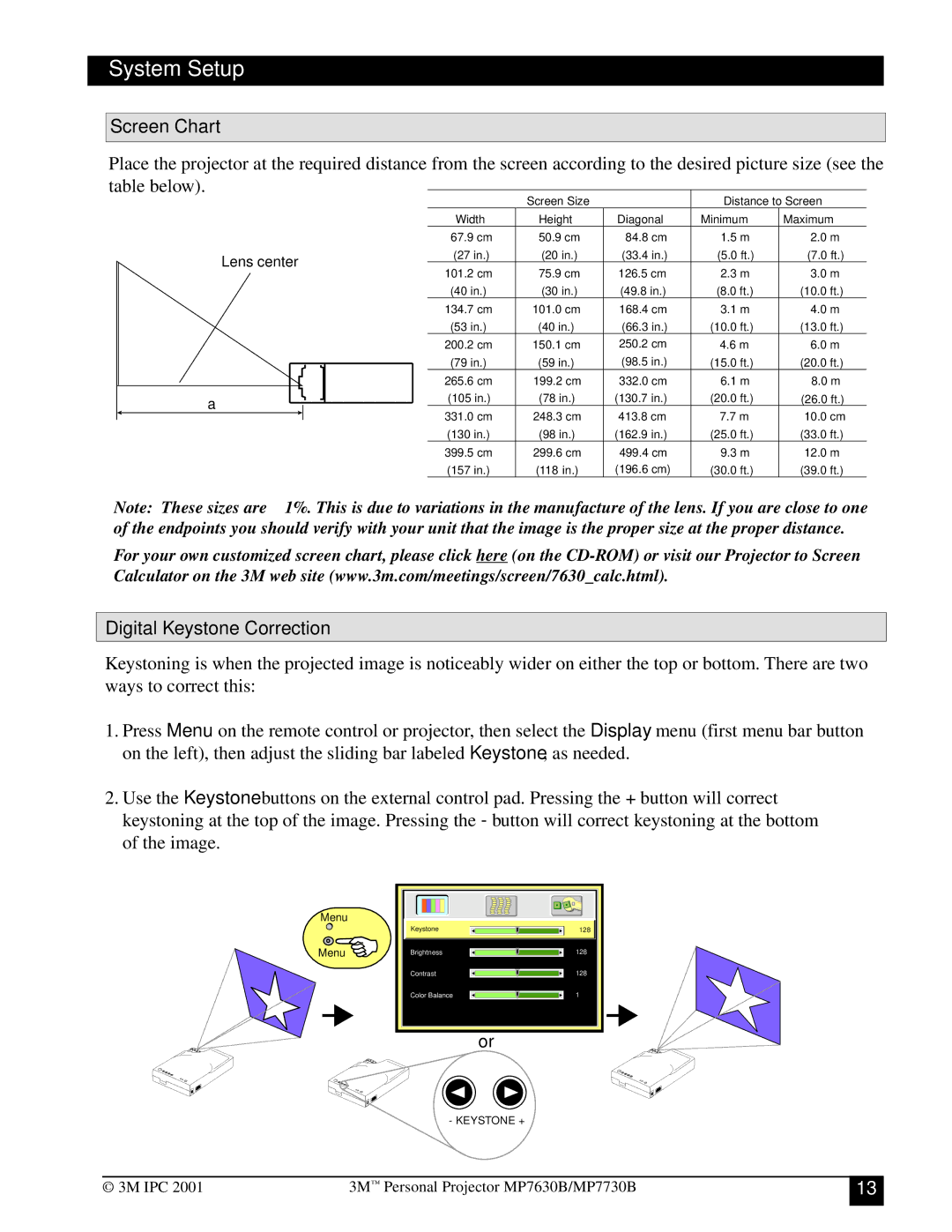 3M MP7630B, MP7730B manual System Setup, Screen Chart, Digital Keystone Correction 