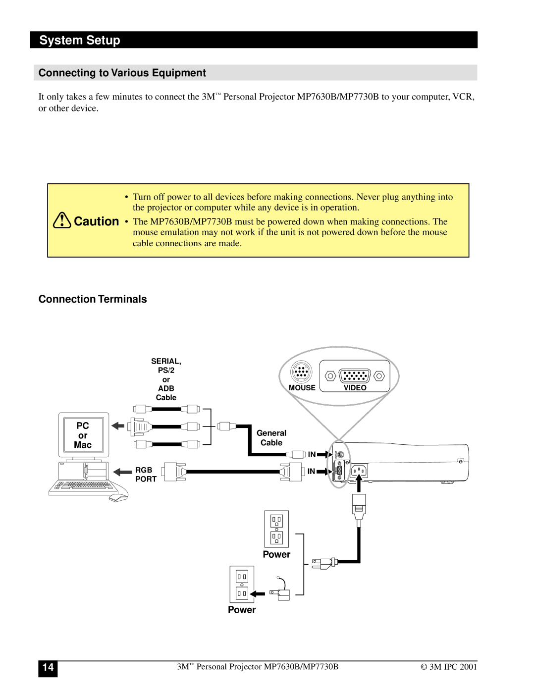 3M MP7730B, MP7630B manual Connecting to Various Equipment, Connection Terminals 