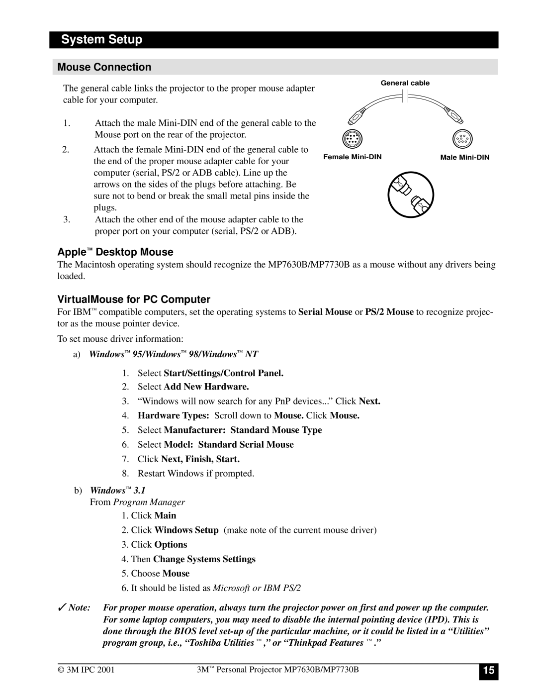 3M MP7630B, MP7730B manual Mouse Connection, Apple Desktop Mouse, VirtualMouse for PC Computer 