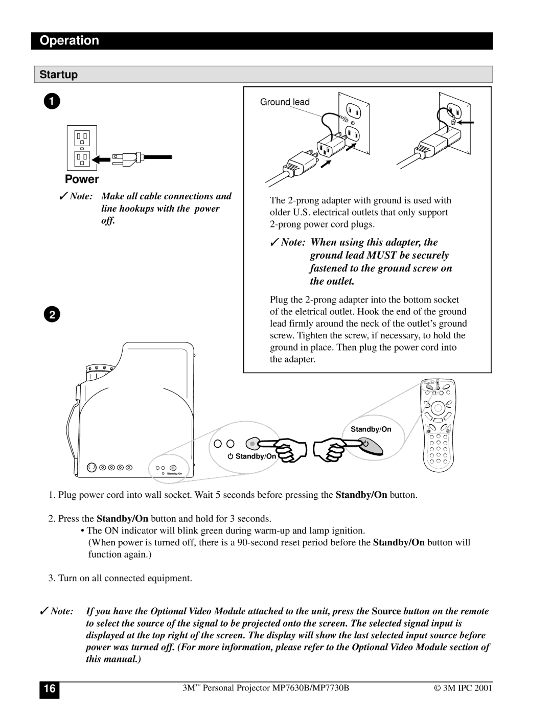 3M MP7730B, MP7630B manual Operation, Startup 