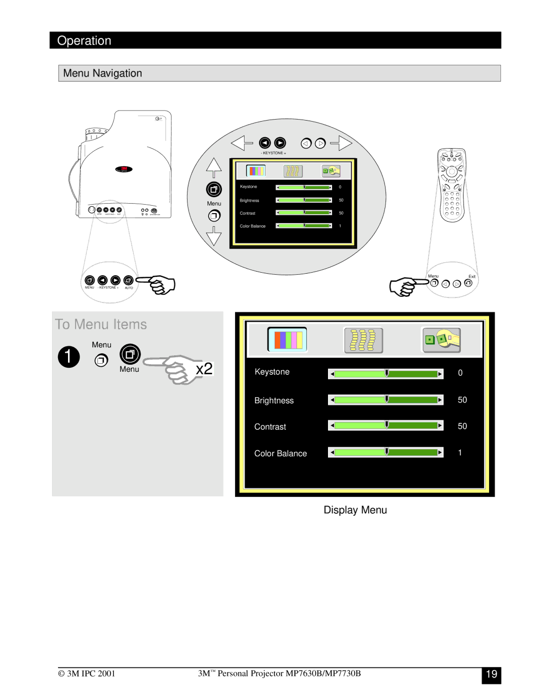 3M MP7630B, MP7730B manual Menu Navigation, Display Menu 