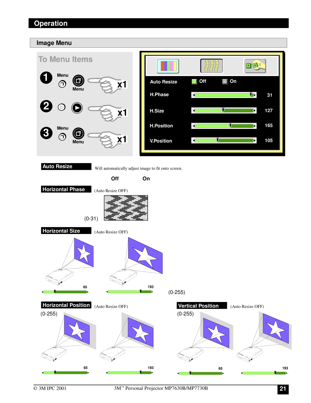 3M MP7630B, MP7730B manual To Menu Items, Image Menu 