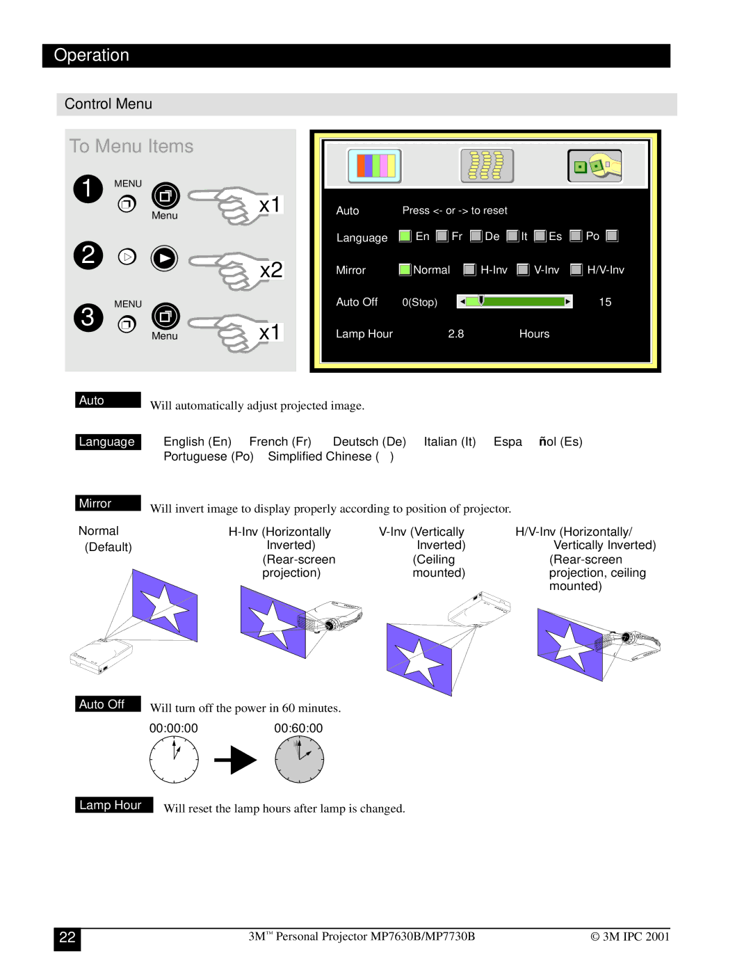 3M MP7730B, MP7630B manual Control Menu, Auto 