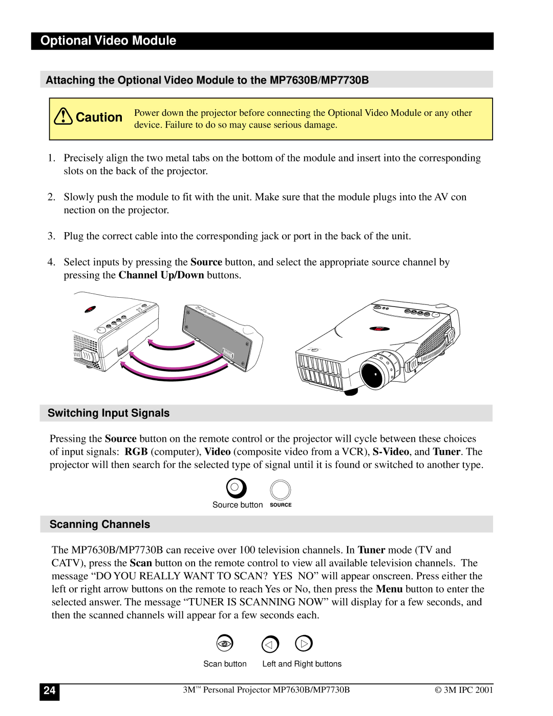 3M manual Attaching the Optional Video Module to the MP7630B/MP7730B, Switching Input Signals, Scanning Channels 