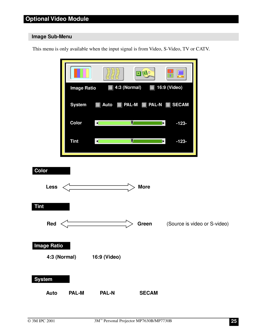 3M MP7630B, MP7730B manual Image Sub-Menu, Less More, Red Green Source is video or S-video, Normal Video, Auto 