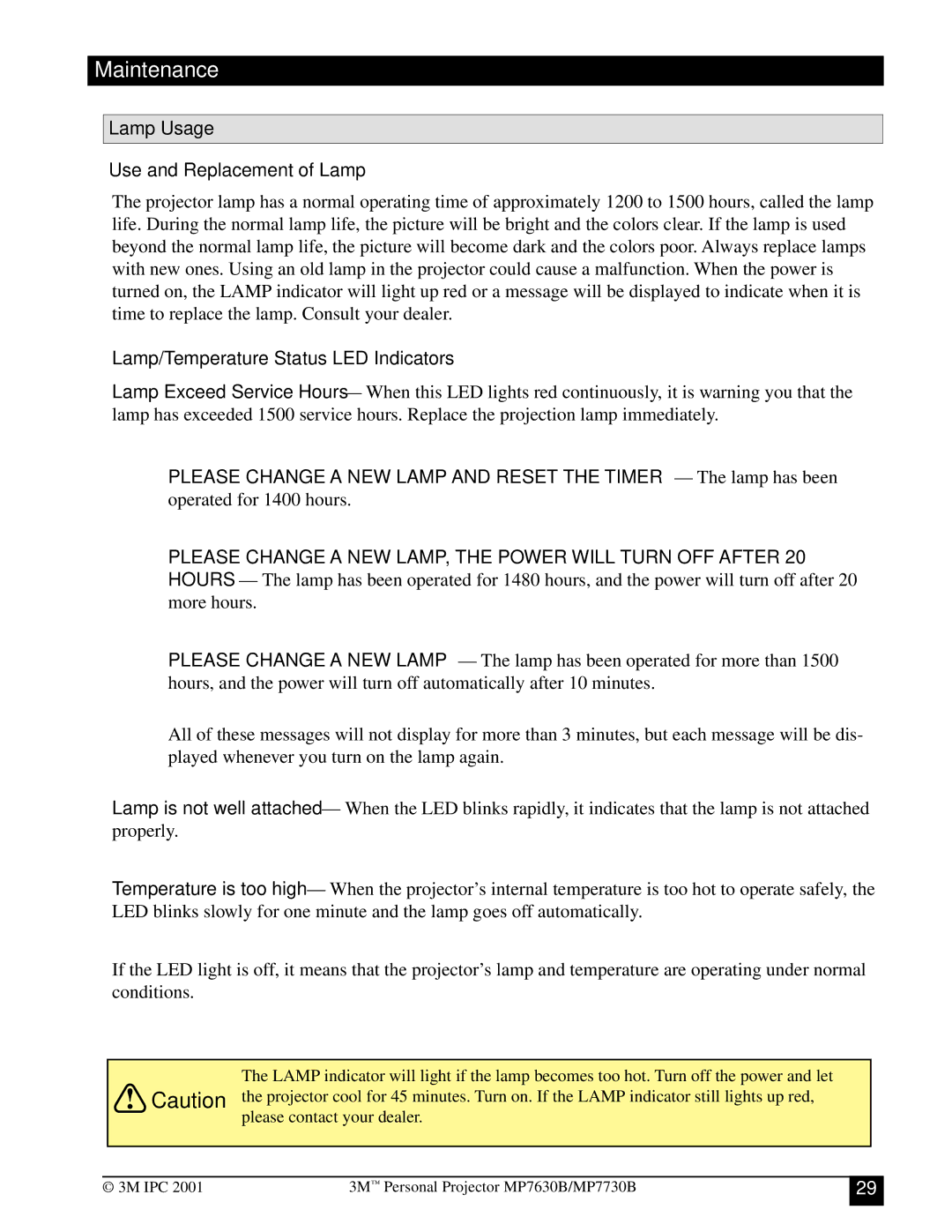 3M MP7630B, MP7730B manual Maintenance, Lamp Usage Use and Replacement of Lamp 