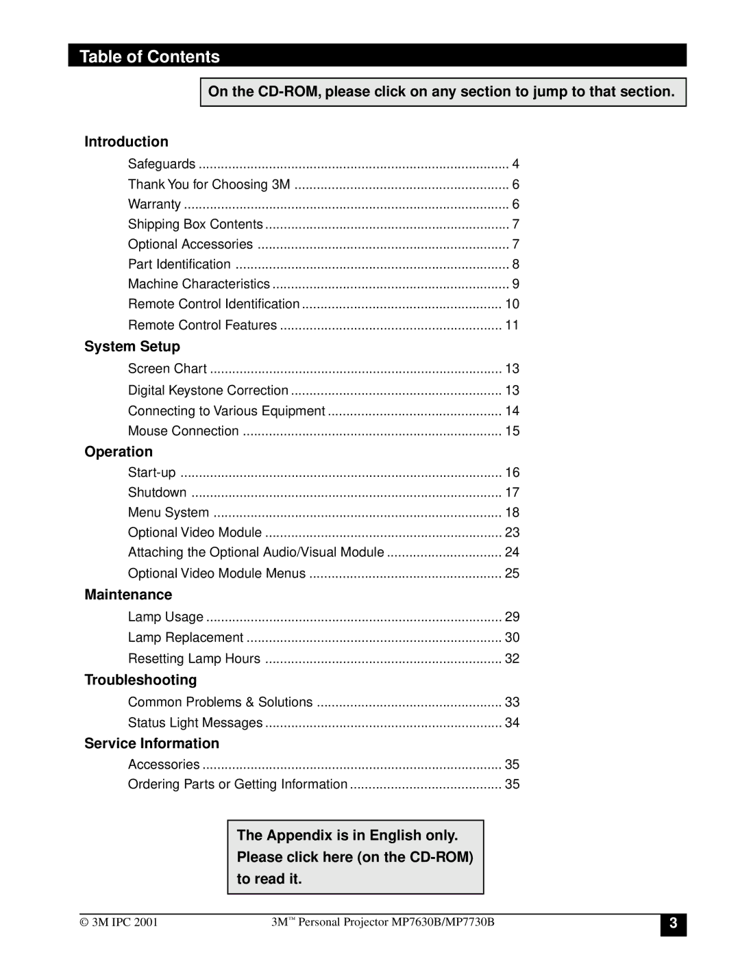 3M MP7630B, MP7730B manual Table of Contents 