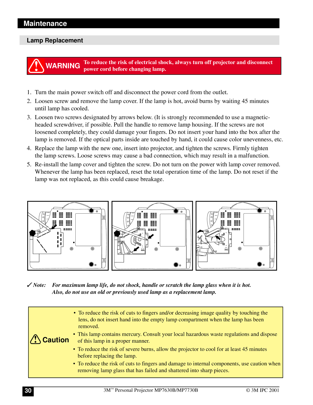 3M MP7730B, MP7630B manual Lamp Replacement 