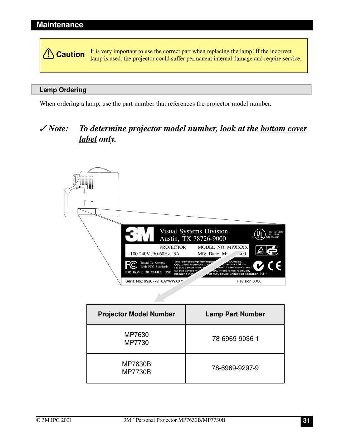 3M MP7630B, MP7730B manual Lamp Ordering, Projector Model Number Lamp Part Number 